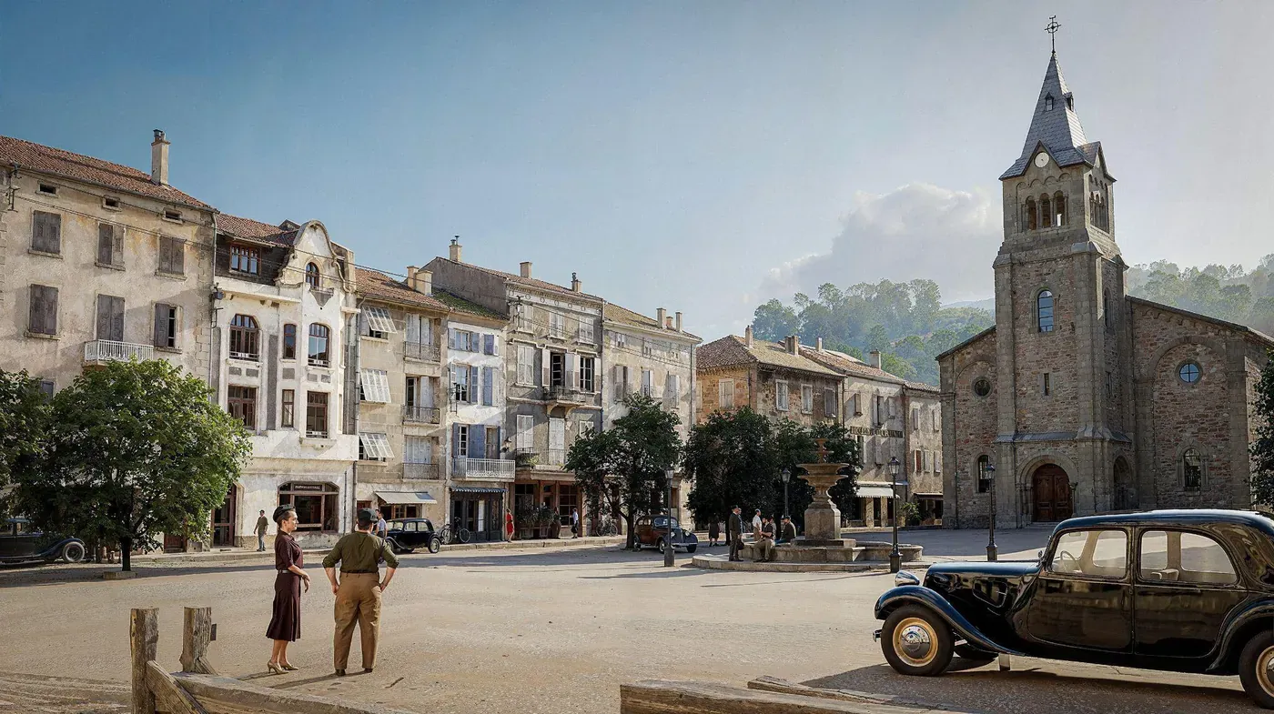 La place du Cheylard reconstituée en 3D par Timescope pour le centenaire de la Banque Delubac