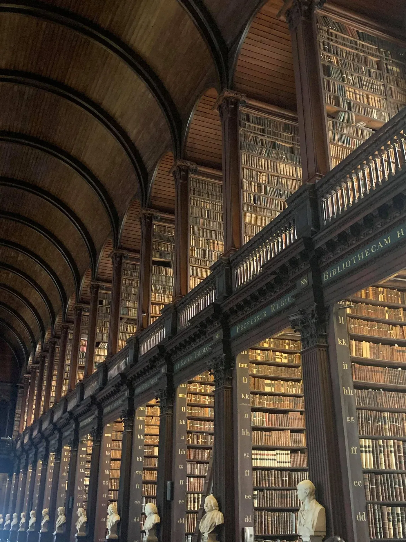La Long Room de la bibliothèque de Trinity College à Dublin, rayonnages de livres anciens sous une voûte de bois et bustes de marbre