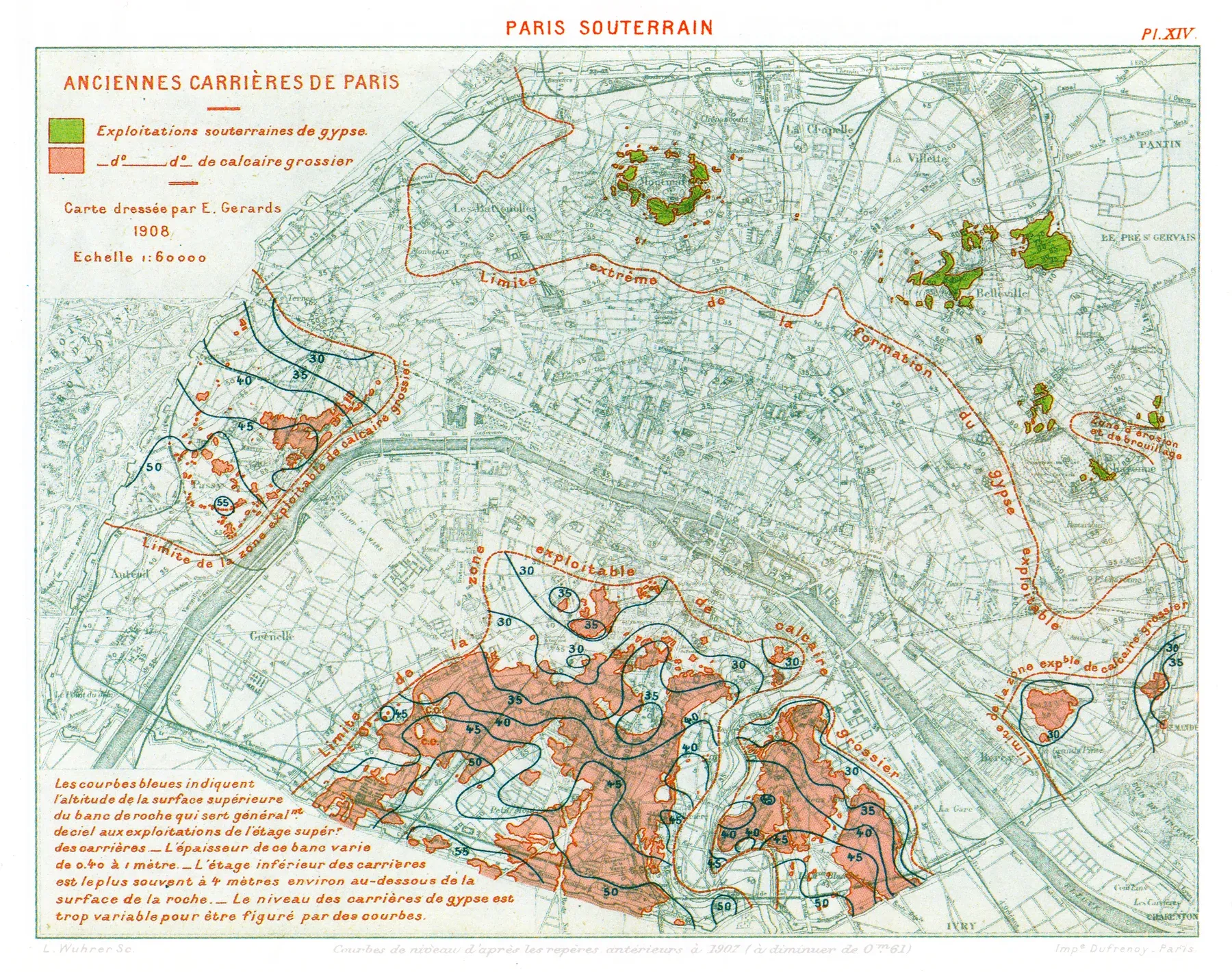 Carte des anciennes carrières de Paris dressée par Émile Gerards en 1908, calcaire au sud en rose, gypse au nord en vert