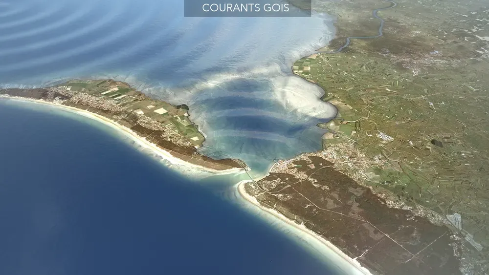 Vista aérea 3D: las corrientes en torno al paso del Gois, entre el continente y Noirmoutier