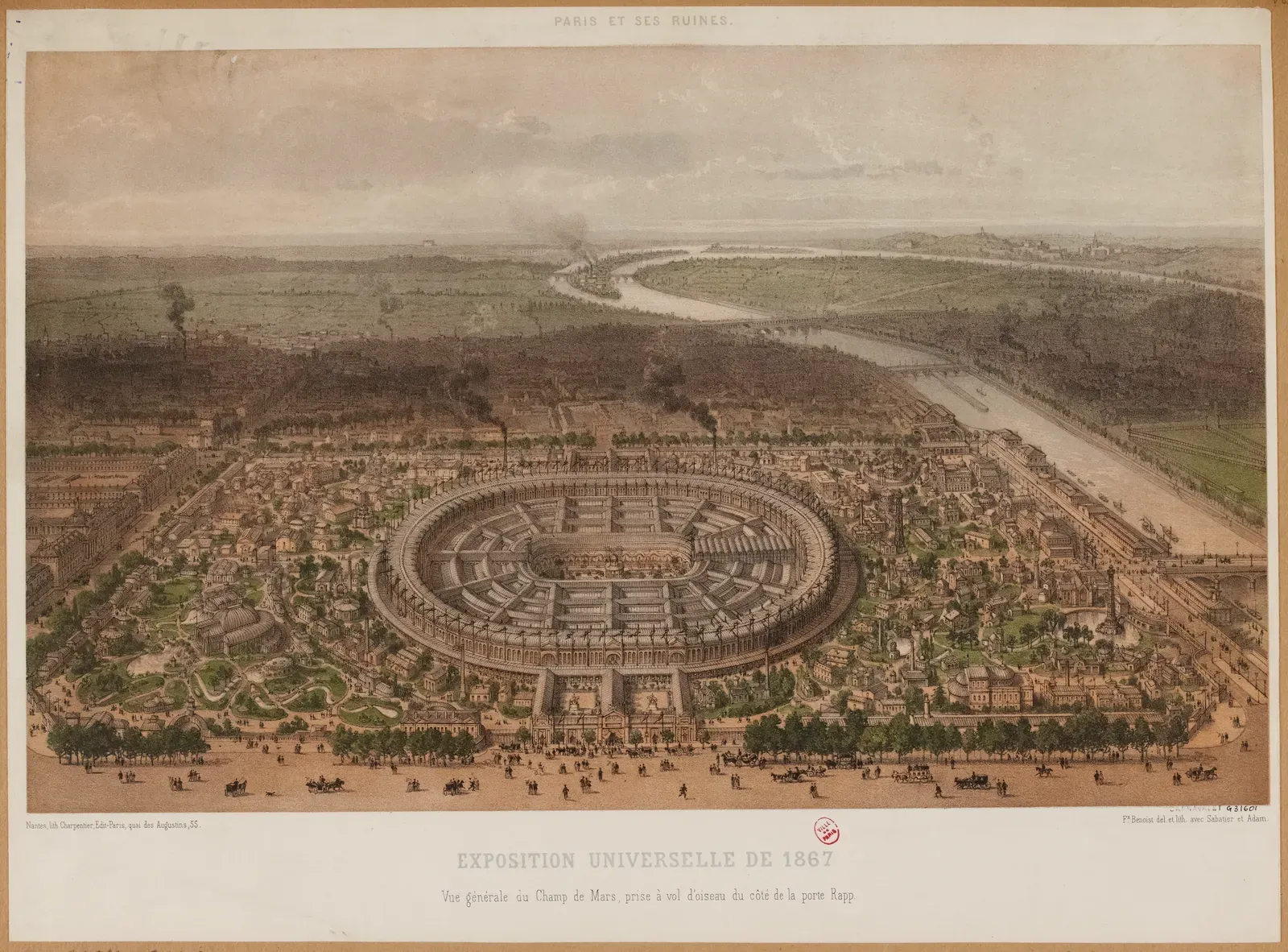Lithograph by Félix Benoist: bird's-eye view of the 1867 World's Fair, the immense oval palace covering the Champ-de-Mars, with the Seine and the Chaillot hills behind