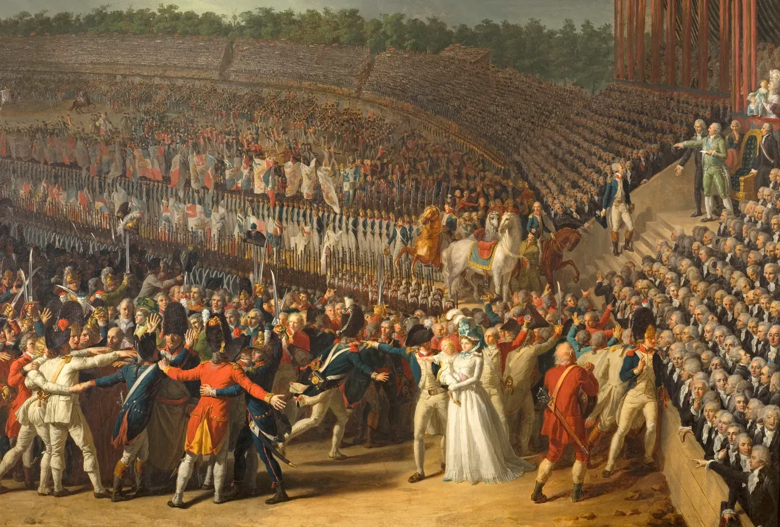 Painting by Charles Thévenin: the Fête de la Fédération on the Champ-de-Mars, 14 July 1790, with the altar of the Fatherland at the centre and earthen stands covered with spectators up to the École militaire