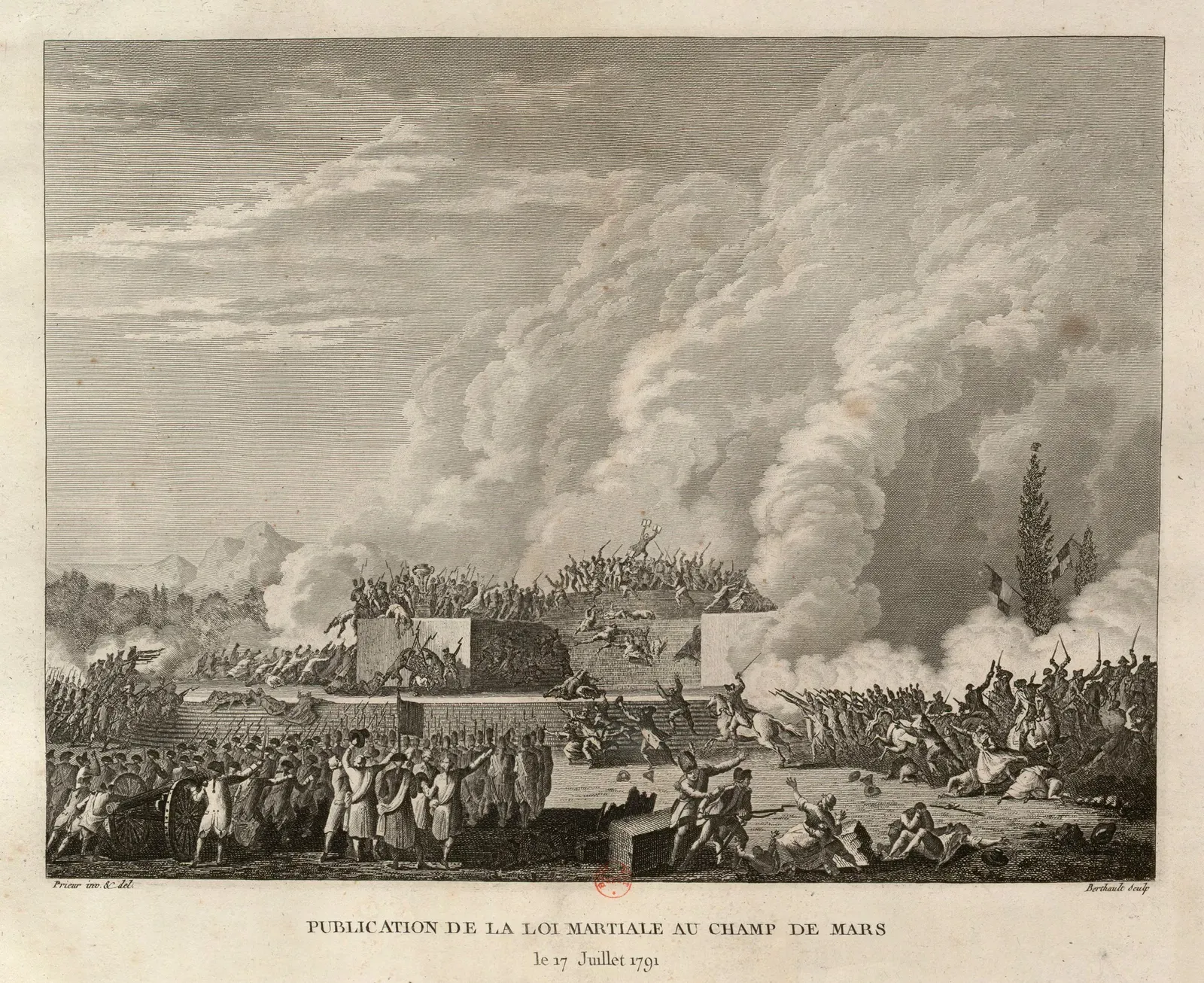 Engraving by Berthault after Prieur: the National Guard fires on the crowd at the foot of the altar of the Fatherland on 17 July 1791, in the smoke of the volleys