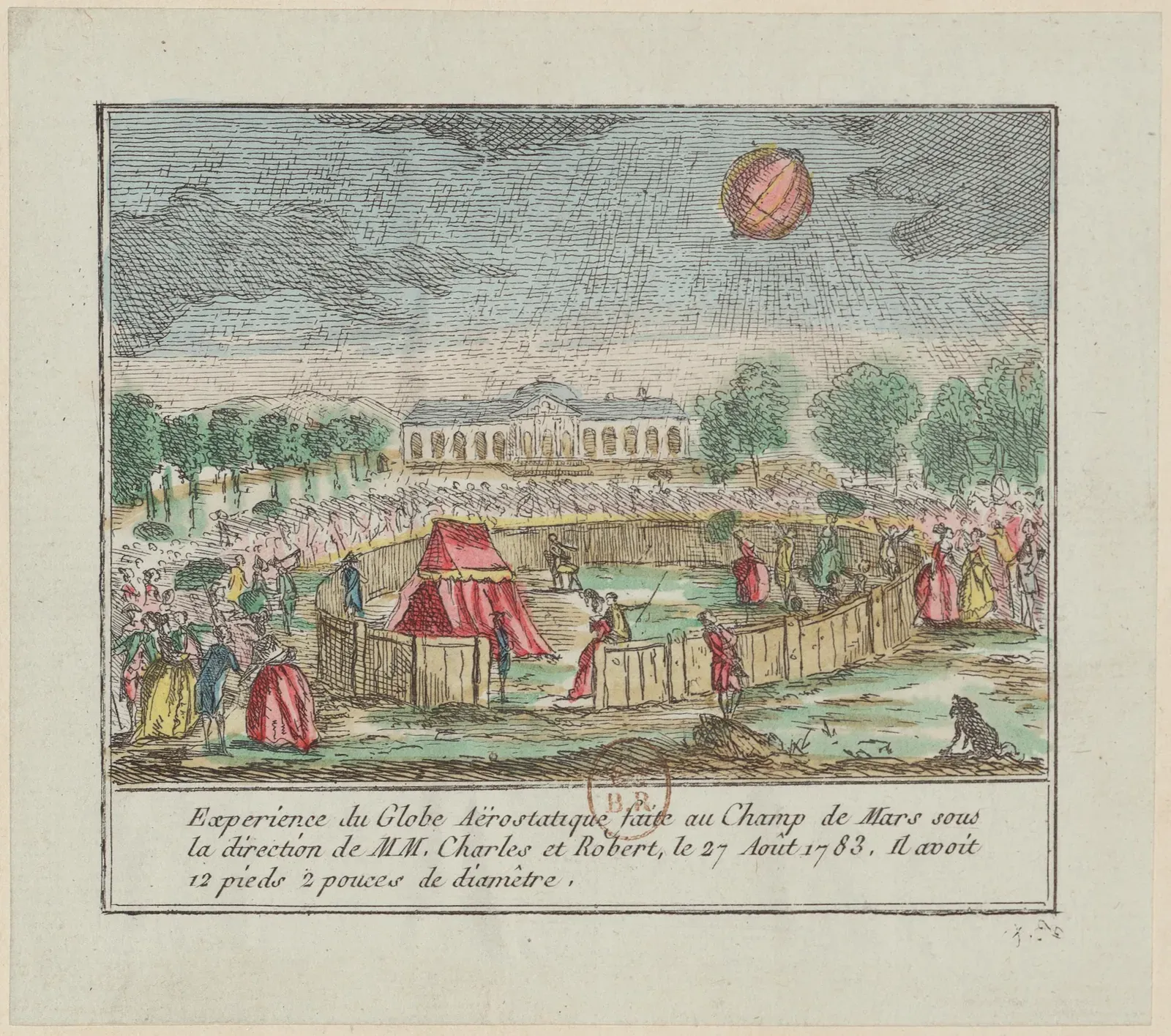 Hand-coloured engraving: Charles and Robert's aerostatic globe rises above the Champ-de-Mars on 27 August 1783, in front of the École militaire, amid a crowd in eighteenth-century dress
