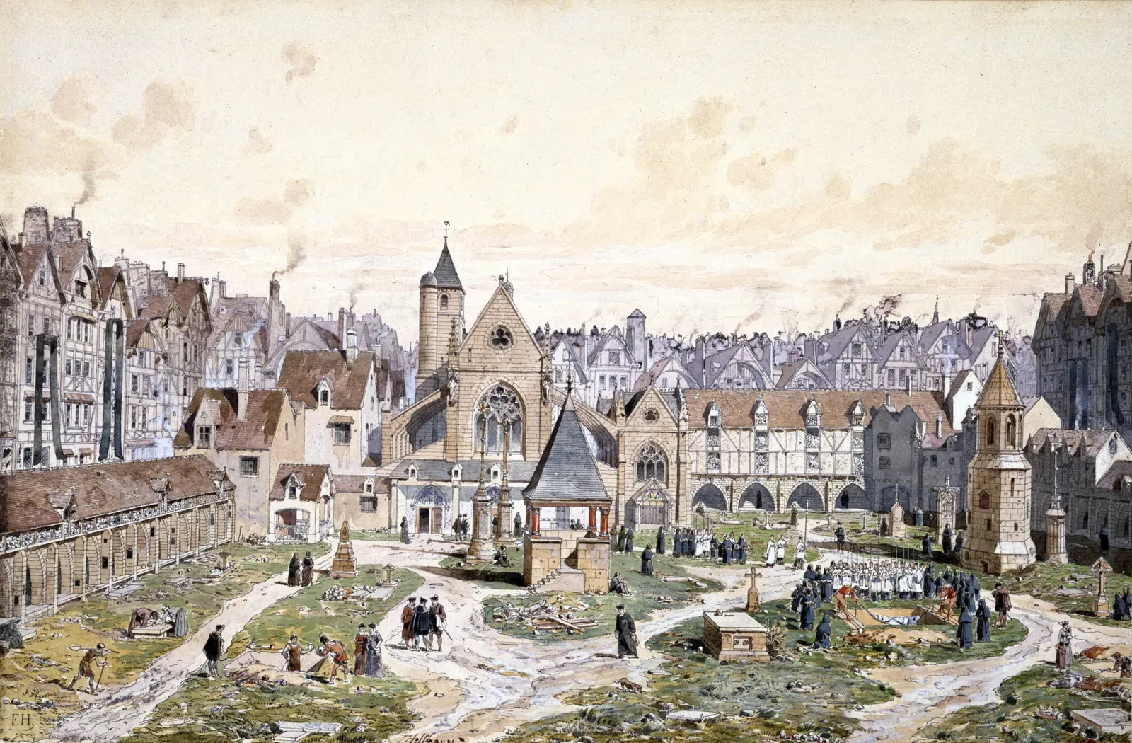 Drawing by Fédor Hoffbauer: the cemetery and church of the Innocents in 1550, with the arcaded charnel houses along the walls and the market crowd