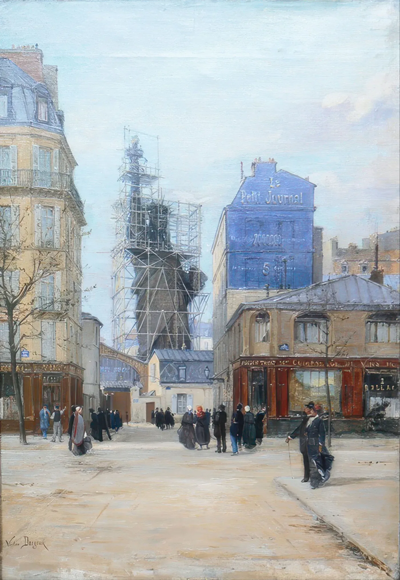 Peinture de 1884 : la statue de la Liberté sous échafaudage chez le fondeur Gaget, rue de Chazelles