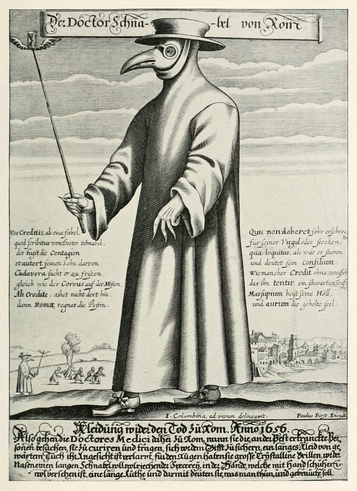 Der Doctor Schnabel von Rom, gravure de Paul Fürst datée de 1656 montrant le médecin de peste au masque à bec