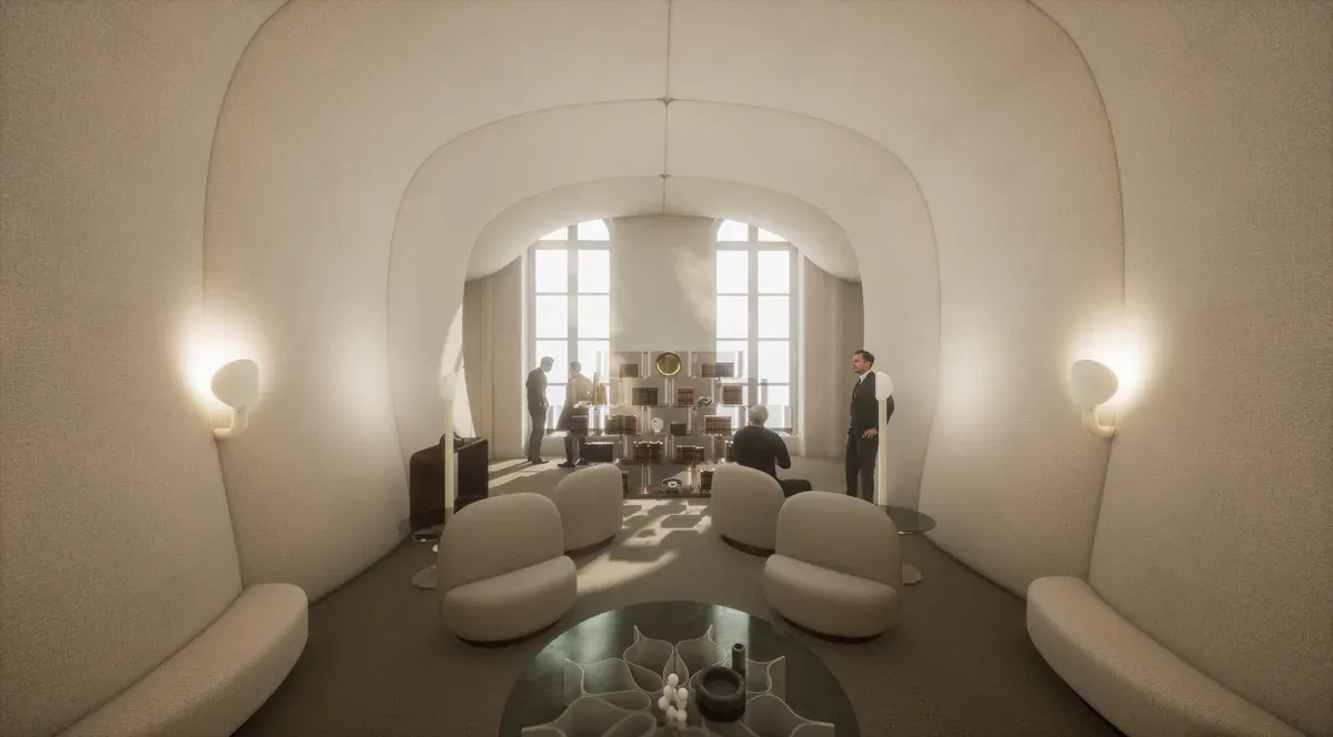 Le fumoir de l'Élysée conçu par Pierre Paulin en 1972, alcôve aux formes organiques et fauteuils, reconstitution 3D Timescope