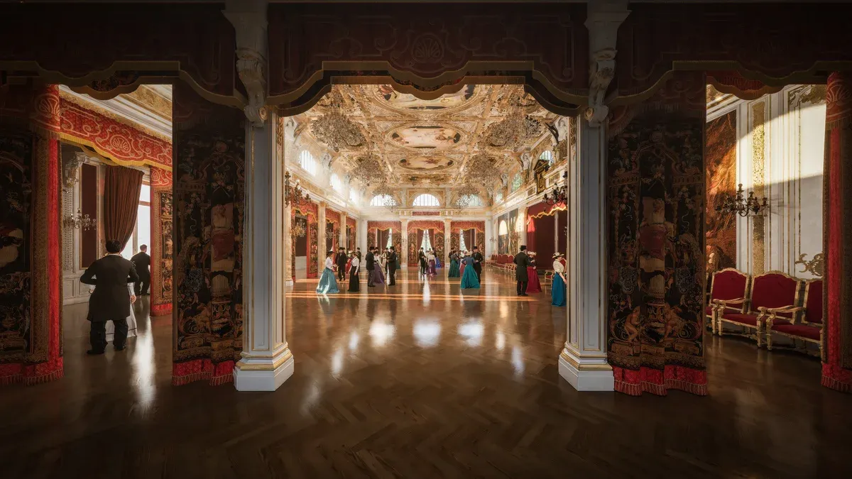 La salle des fêtes de l'Élysée en 1890, bal sous les stucs dorés, reconstitution 3D Timescope