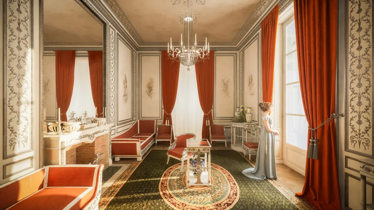 Le salon d'argent de l'Élysée en 1808 dans son décor d'origine, Caroline Murat à la fenêtre, reconstitution 3D Timescope