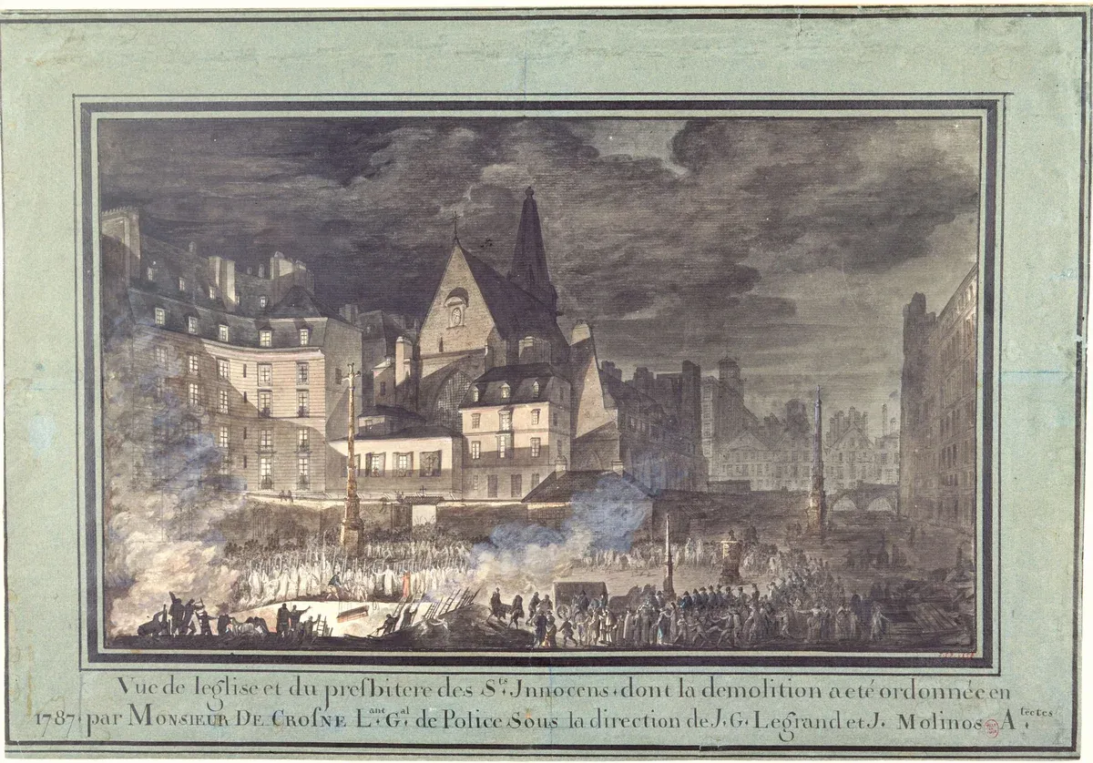 Night scene of the works at the Innocents cemetery around 1787, crowd, fires and carts in front of the church, a period drawing from the musée Carnavalet