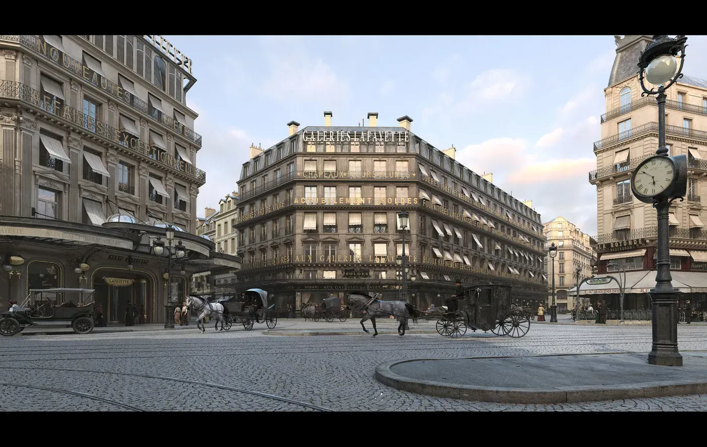 El bulevar Haussmann y las Galeries Lafayette en 1912, reconstruidos en 3D por Timescope