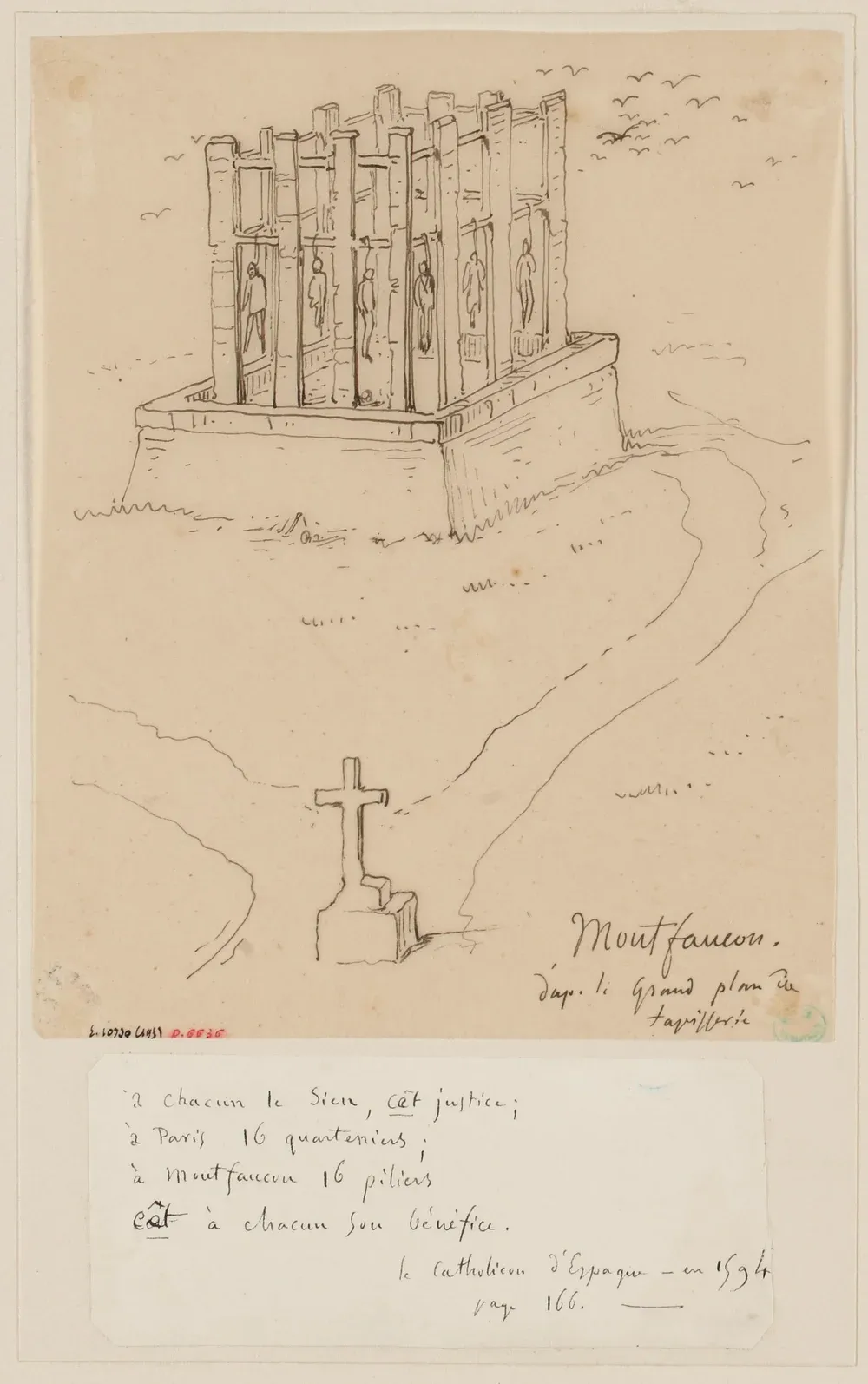 The Montfaucon gallows and its sixteen pillars hung with bodies, a drawing after a 16th-century plan, musée Carnavalet