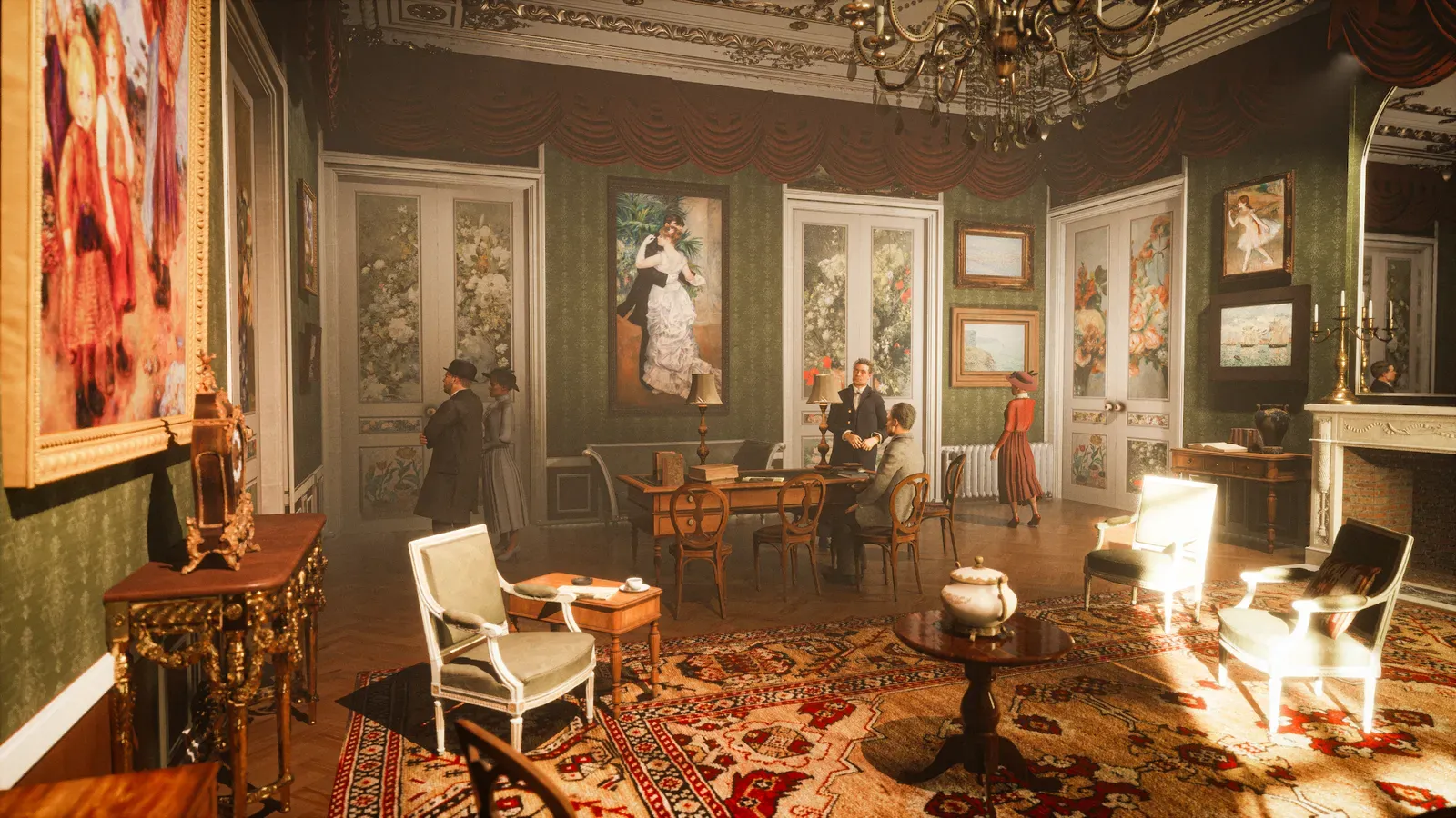 Le salon de l'appartement du 35, rue de Rome : toiles impressionnistes du sol au plafond, portes peintes par Renoir, fauteuils et tapis, reconstitution Timescope