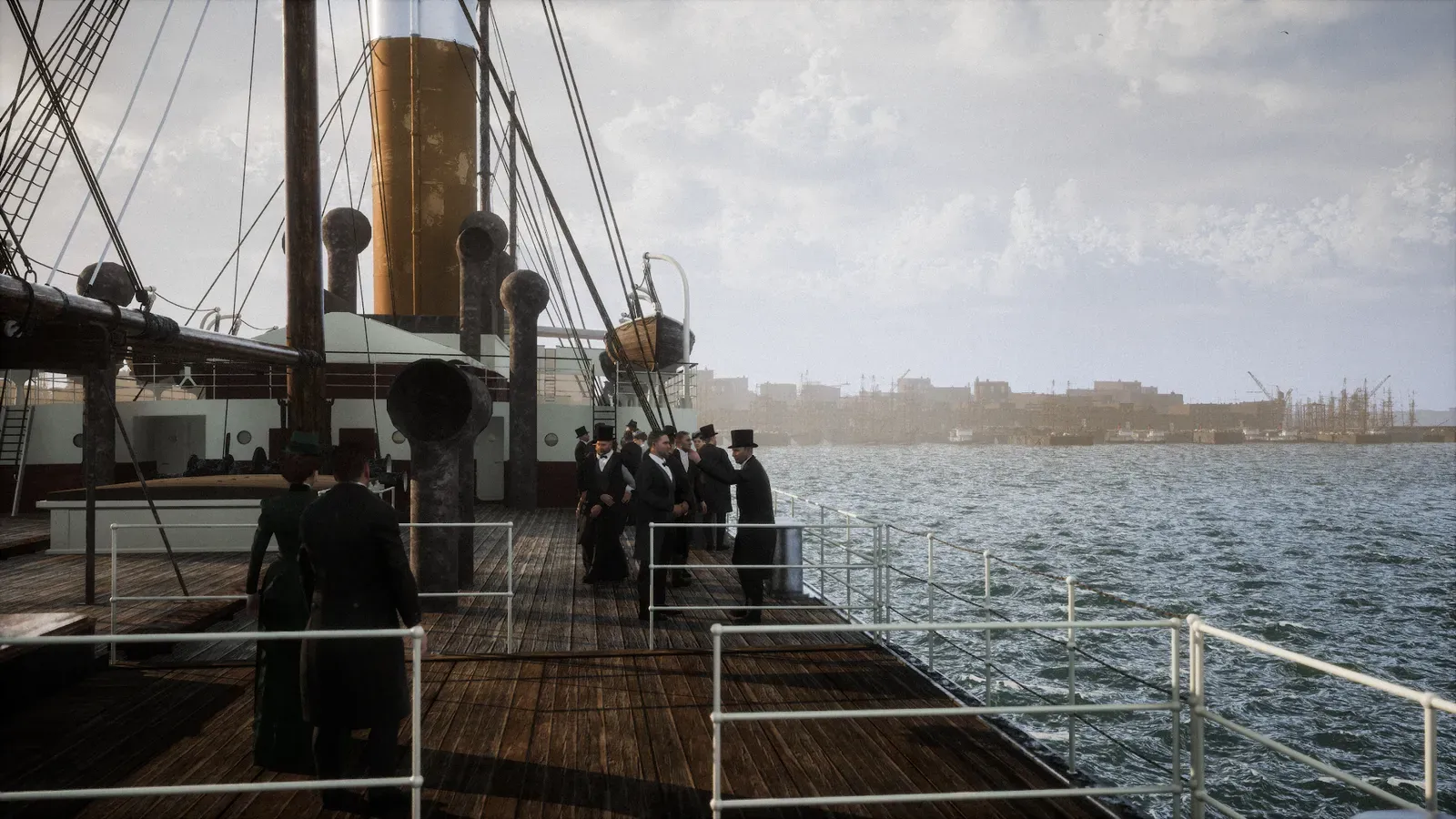 Sur le pont d'un paquebot à vapeur, Paul Durand-Ruel et ses fils en habit noir regardent la côte de Manhattan approcher, reconstitution Timescope
