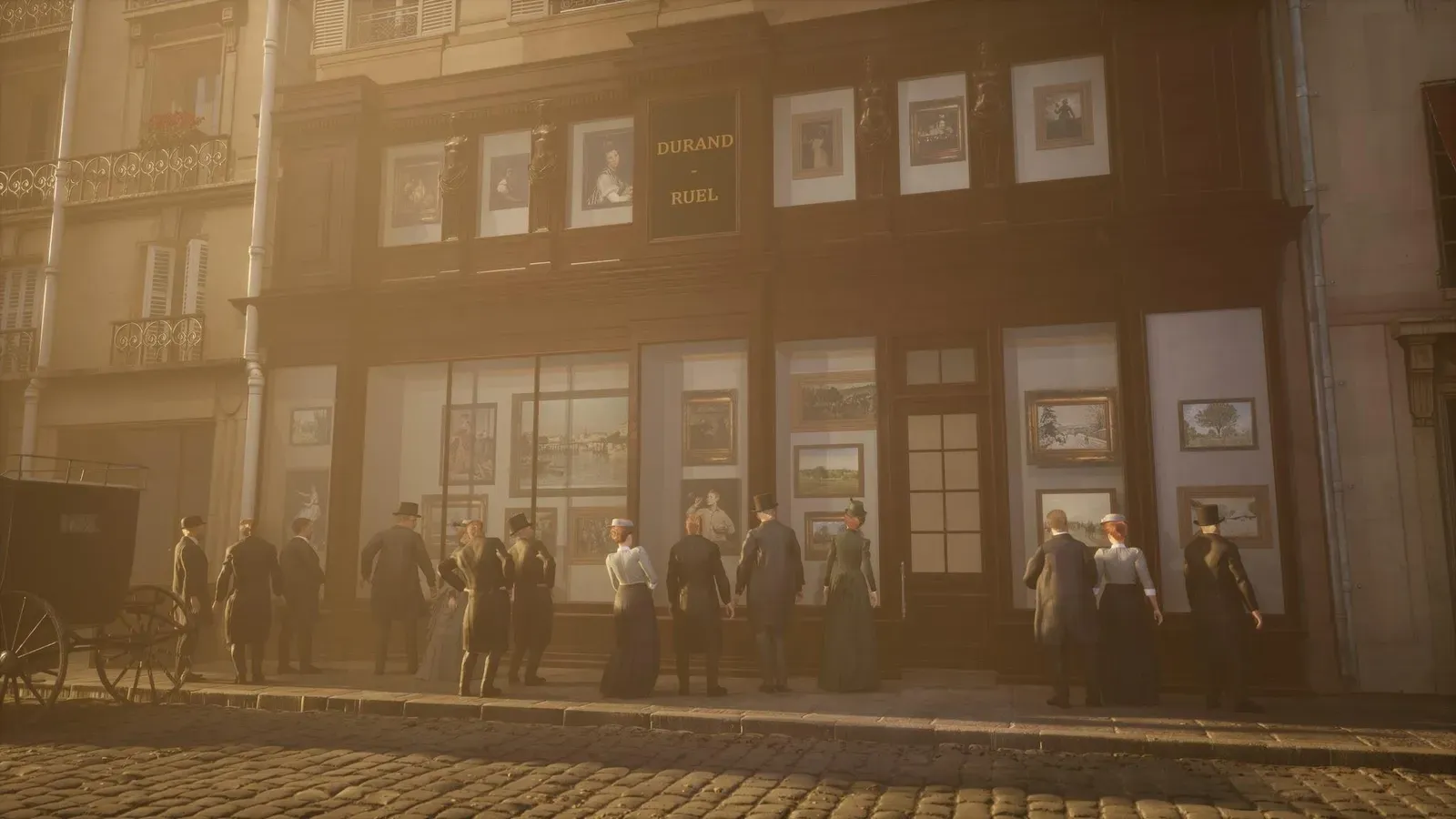 La façade de la galerie Durand-Ruel au 16, rue Laffitte vers 1875, avec des passants en redingote et chapeau devant les vitrines, reconstitution Timescope