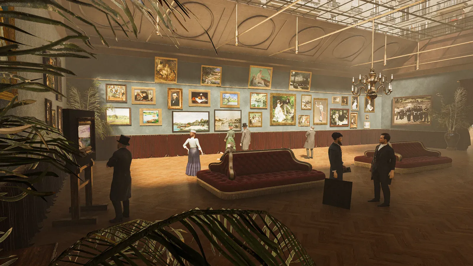 L'intérieur de la galerie Durand-Ruel vers 1875 : des toiles impressionnistes accrochées sur plusieurs rangs, des banquettes rouges, quelques visiteurs, reconstitution Timescope
