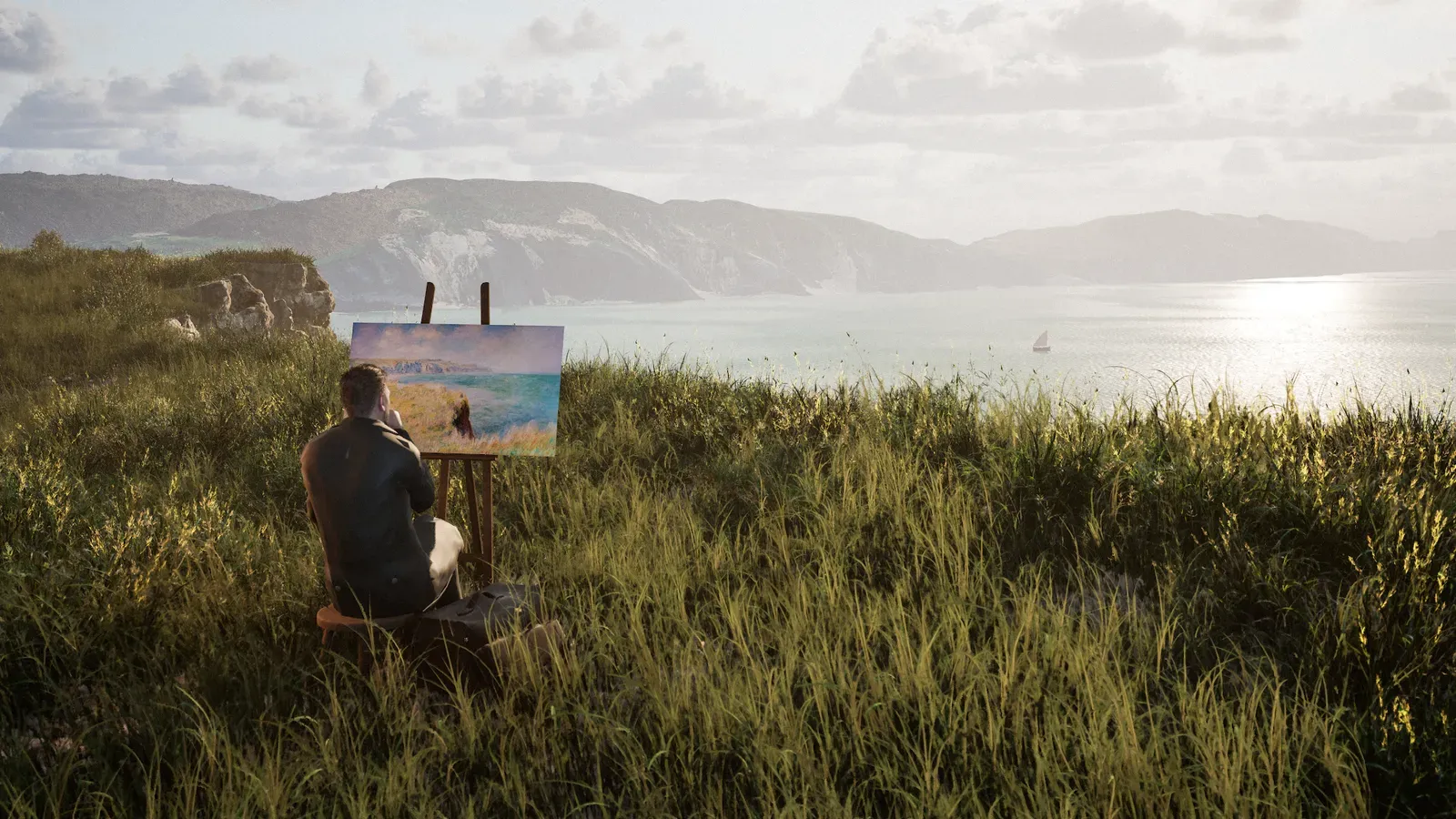 Claude Monet de dos, assis devant son chevalet dans l'herbe au sommet des falaises de Pourville, la mer et un voilier au loin, reconstitution Timescope