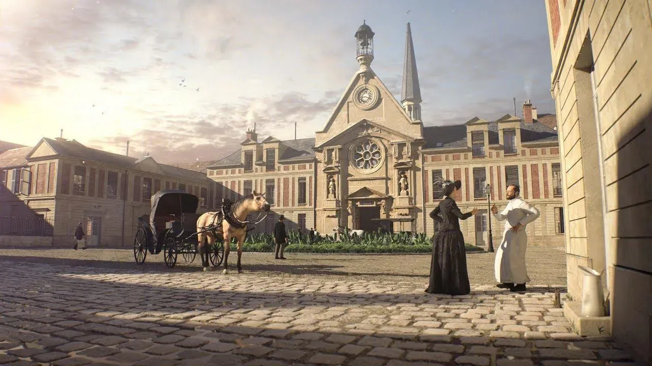 The courtyard of the former Laennec hospital rebuilt in 3D: the chapel, the cobbles and a carriage