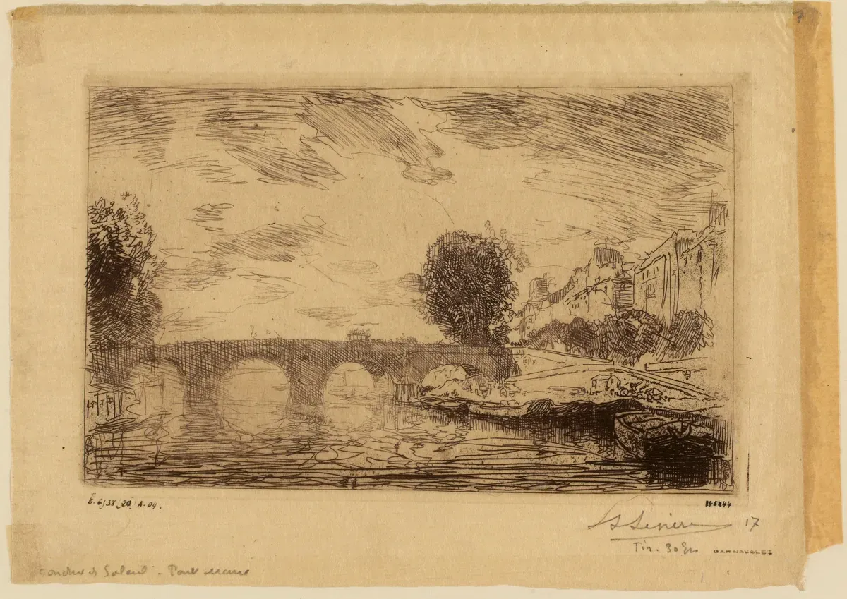 Gravure à l'eau-forte d'Auguste Lepère : le pont Marie et la Seine sous un grand ciel de nuages, un coucher de soleil de 1890