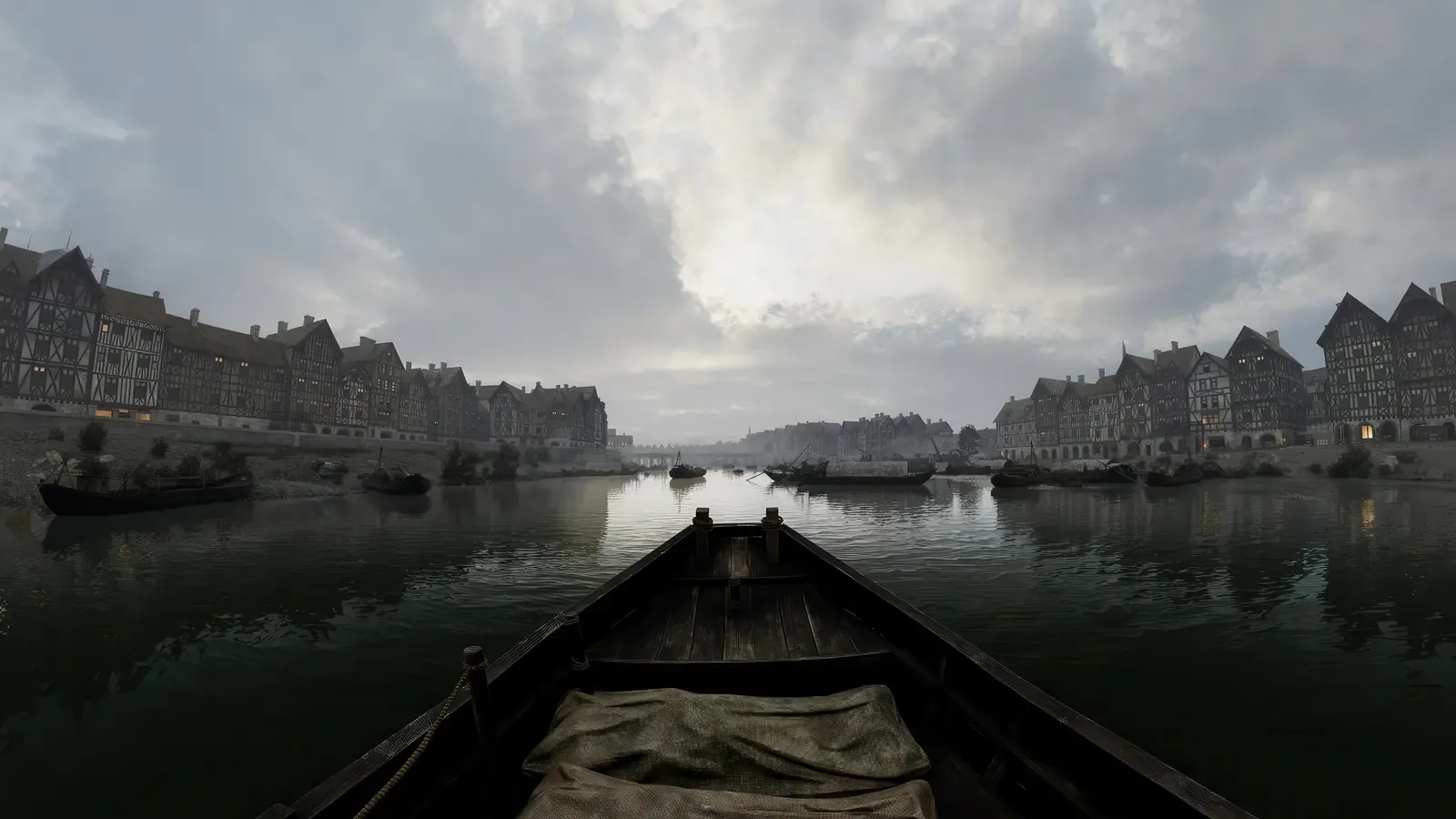 Les quais de Seine sous une brume grise, pendant la peste qui frappa Paris