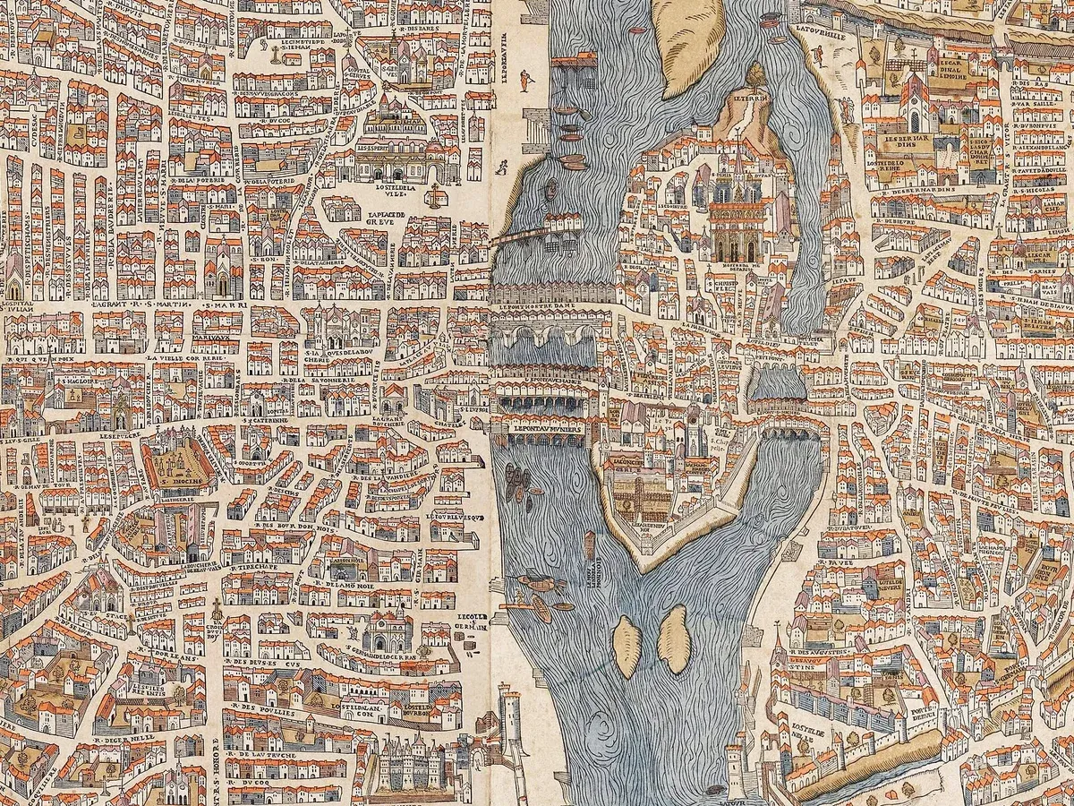 The place de Grève, the pont Notre-Dame and the inhabited bridges on the Basel plan, a coloured woodcut circa 1550