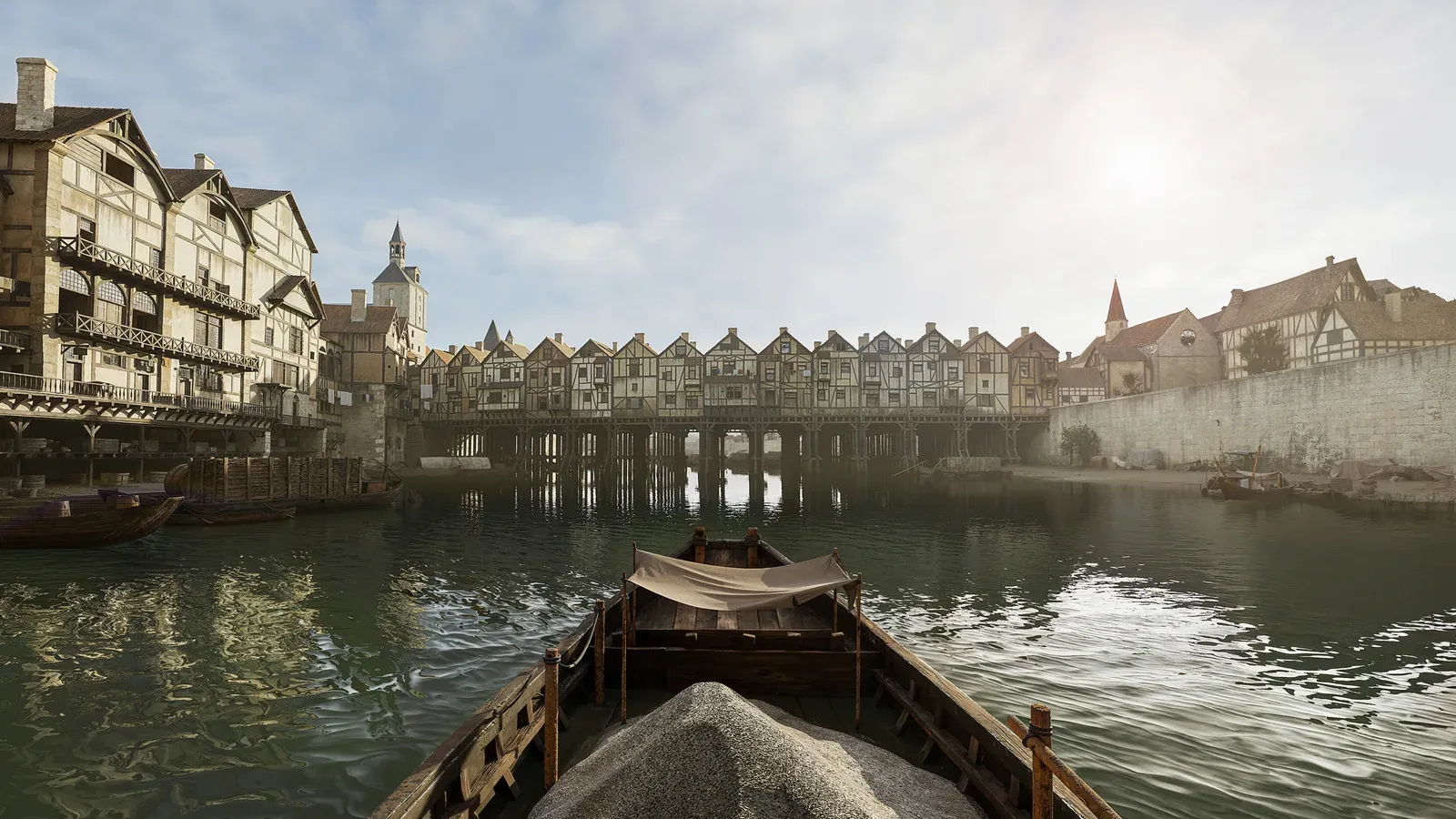 Le pont au Change bordé de maisons à pans de bois sur pilotis, reconstitution 3D Timescope du Paris d'autrefois