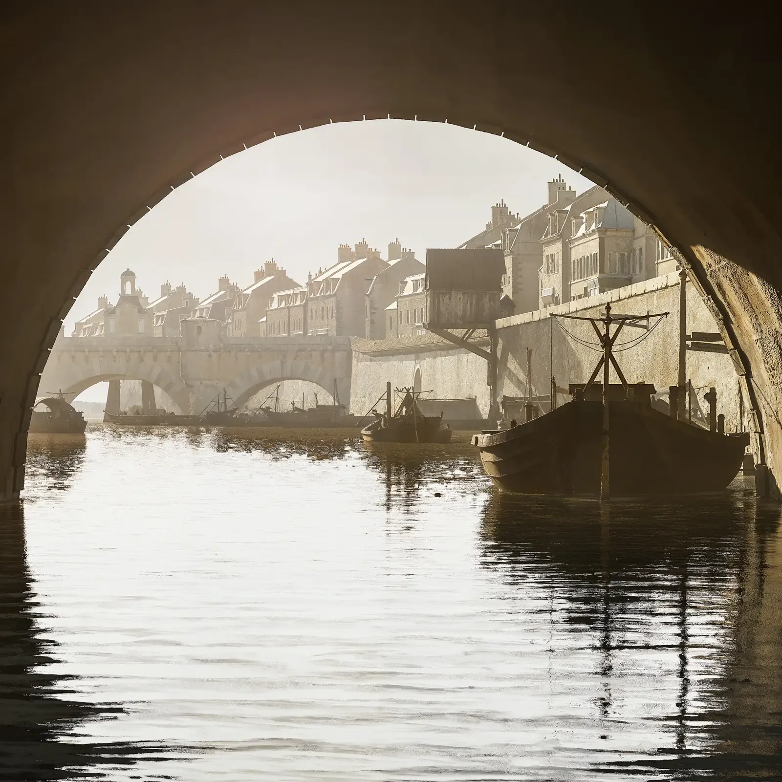 Les bords de Seine animés de barques, vus sous une arche du Pont-Neuf