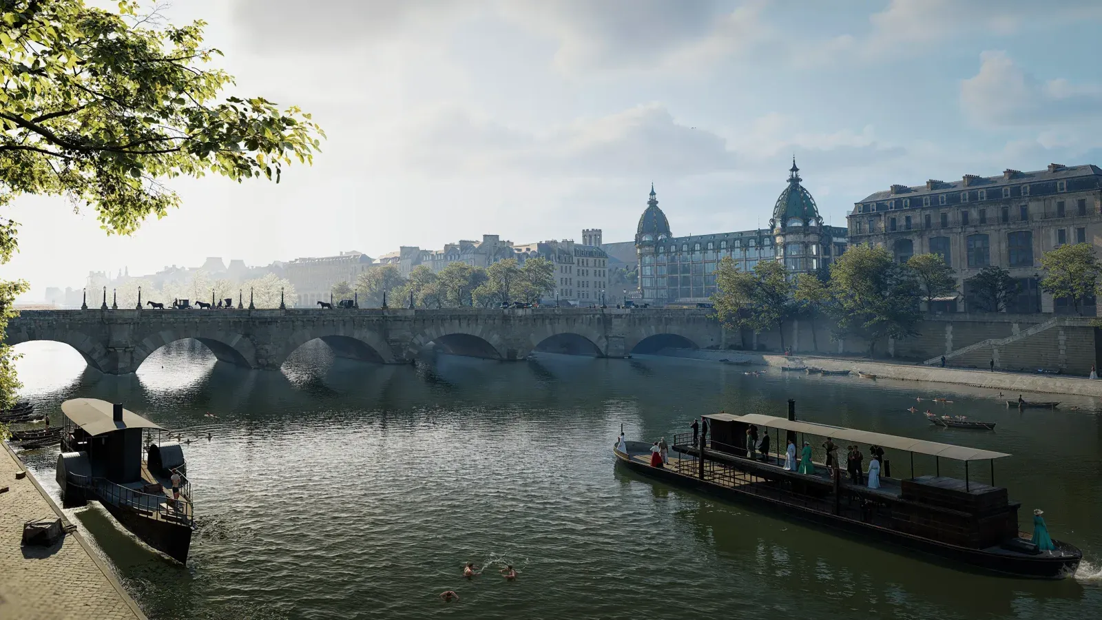 Vue reconstituée d'un bateau passant sur la Seine sous le Pont-Neuf, devant la Samaritaine, à la fin du XIXe siècle — Les Origines de Paris, Timescope