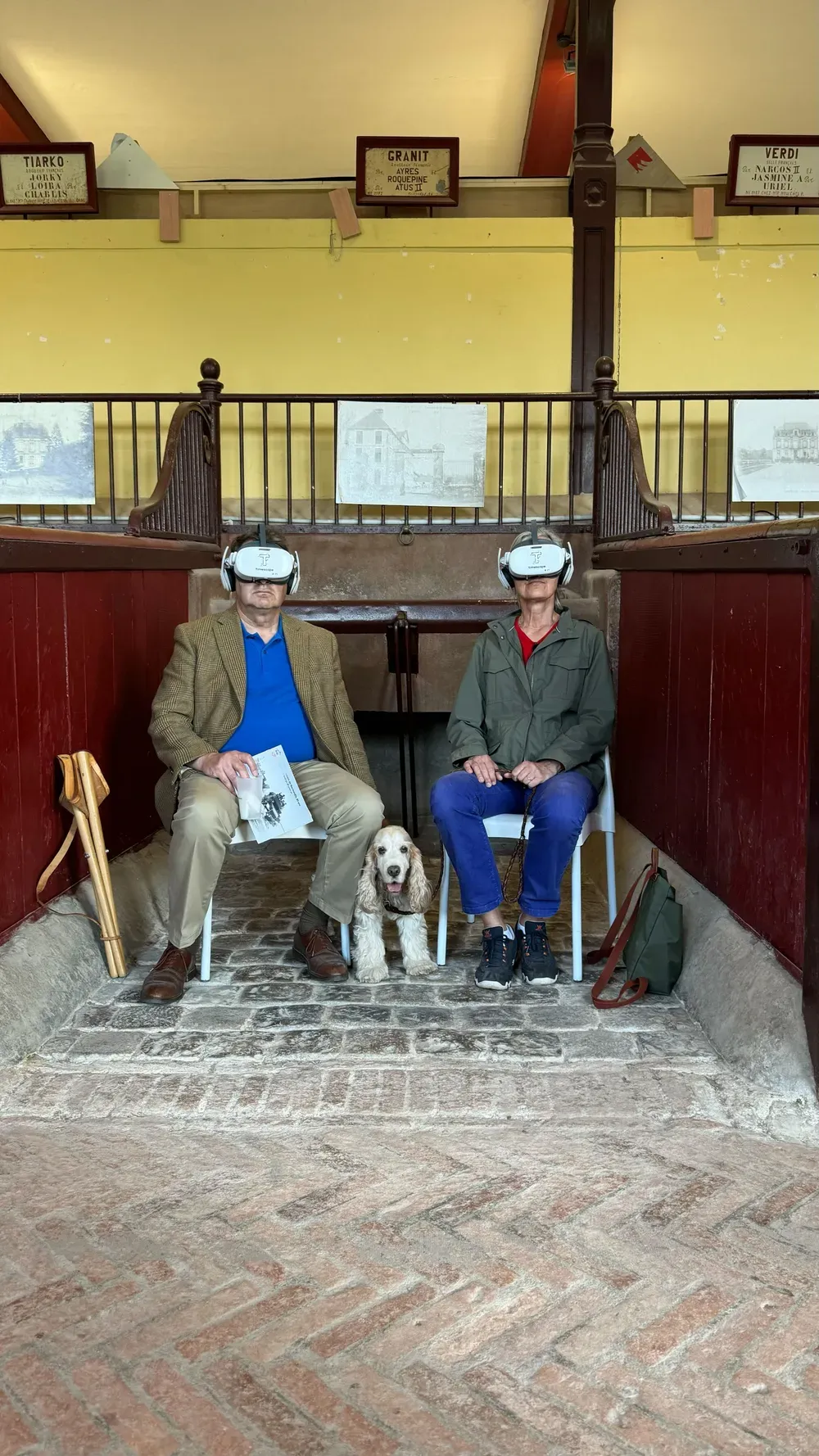 Two visitors discover pre-war Saint-Lô through virtual-reality headsets, in the stables of the national stud farm