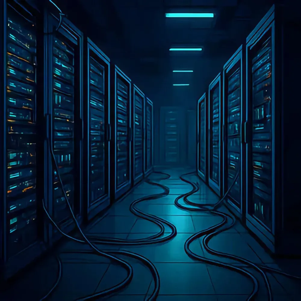 Illustration d'une salle de serveurs plongée dans une lumière bleue, allée bordée de baies informatiques
