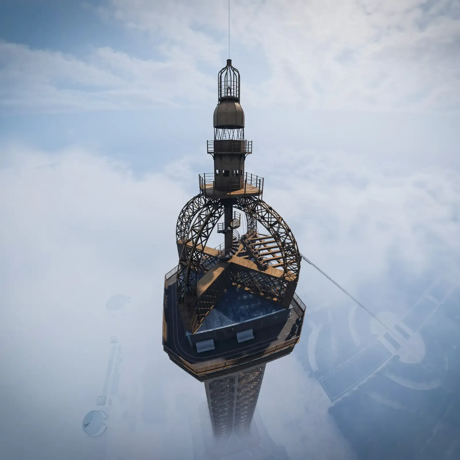 Le sommet de la Tour Eiffel et sa dentelle de fer, vus en plongée