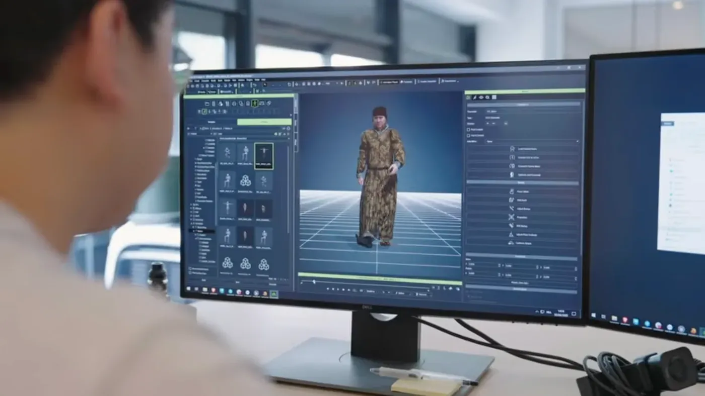 Modélisation 3D d'un personnage d'époque sur un poste de travail du studio Timescope