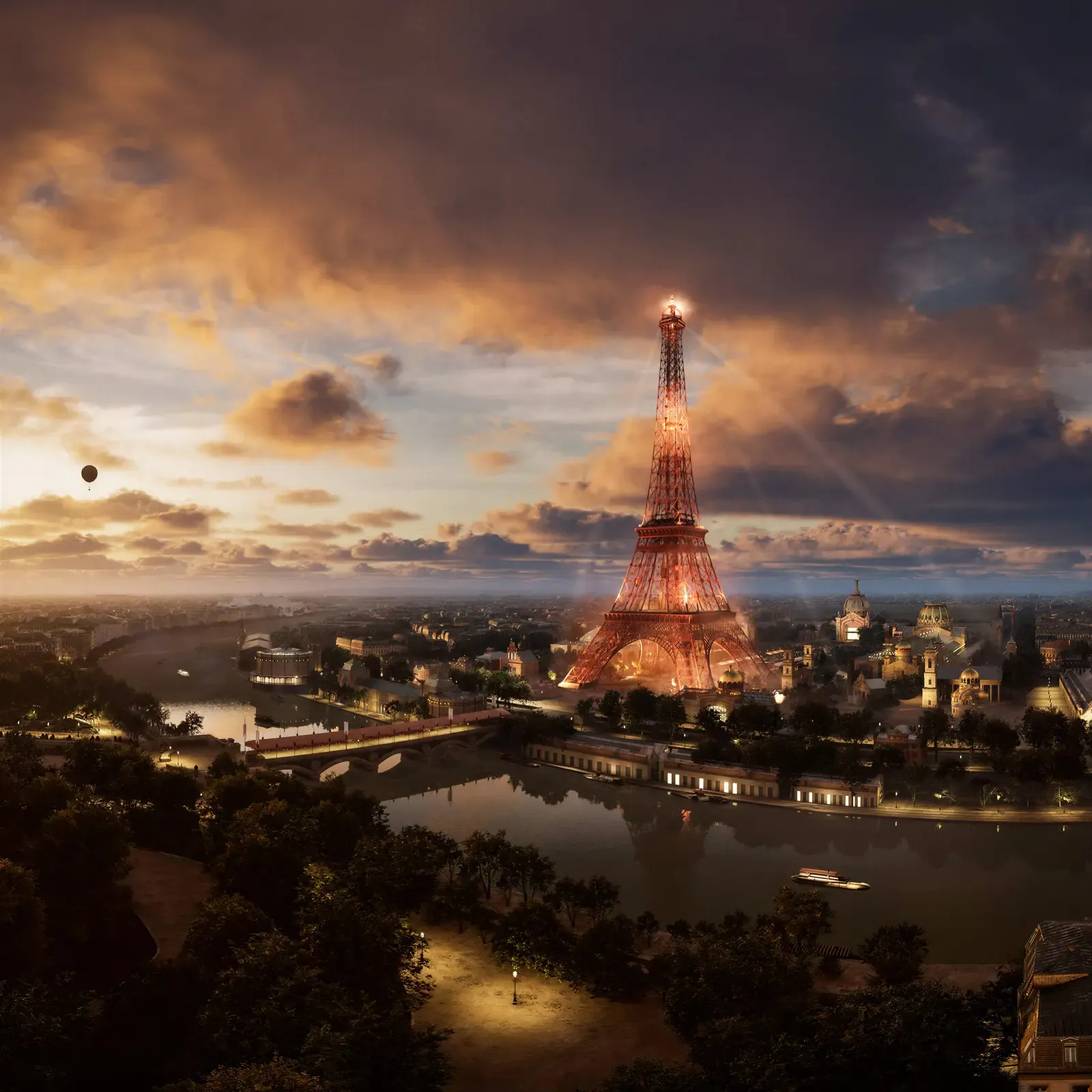 La Tour Eiffel illuminée au crépuscule, dominant les toits de Paris