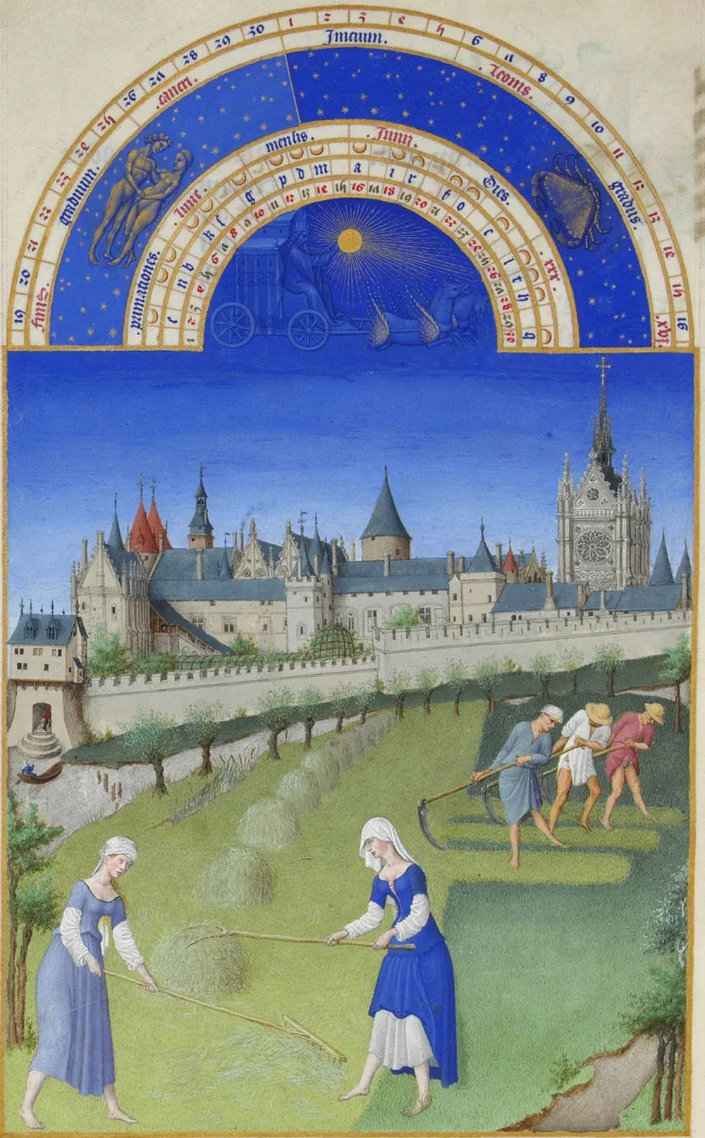 The June page of the Très Riches Heures du duc de Berry: haymakers in the foreground, the Palais de la Cité and the Sainte-Chapelle behind
