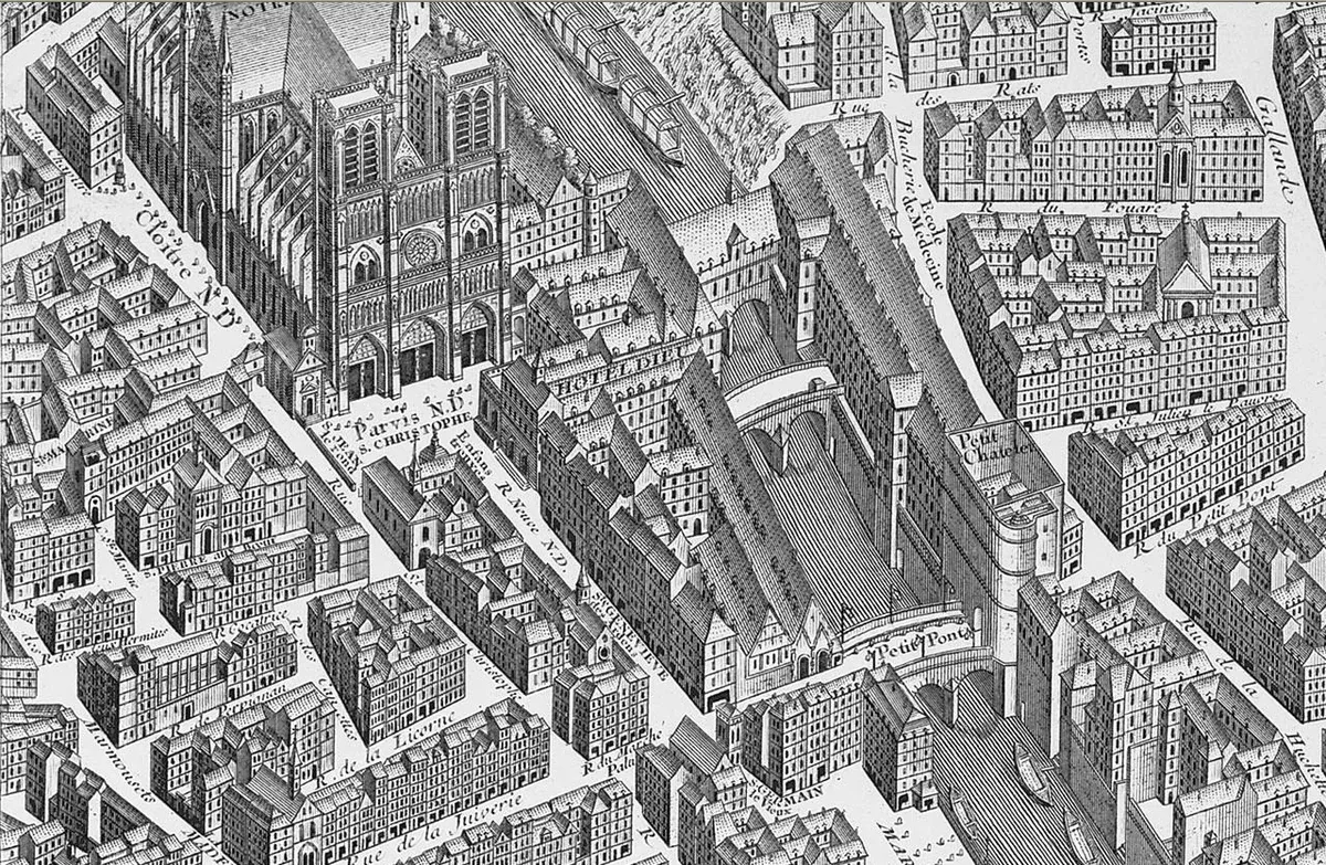 The rue Neuve-Notre-Dame and the parvis of Notre-Dame on the Turgot map, an 18th-century engraving
