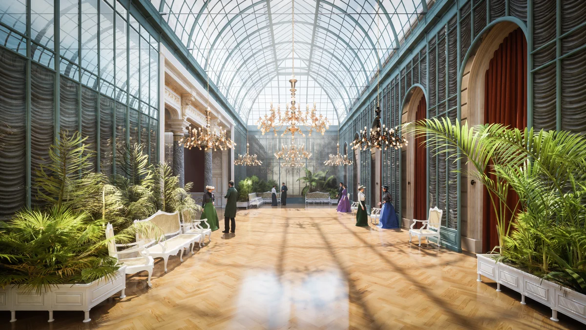 Le jardin d'hiver de l'Élysée en 1890, verrière, lustres et plantes exotiques, reconstitution 3D Timescope