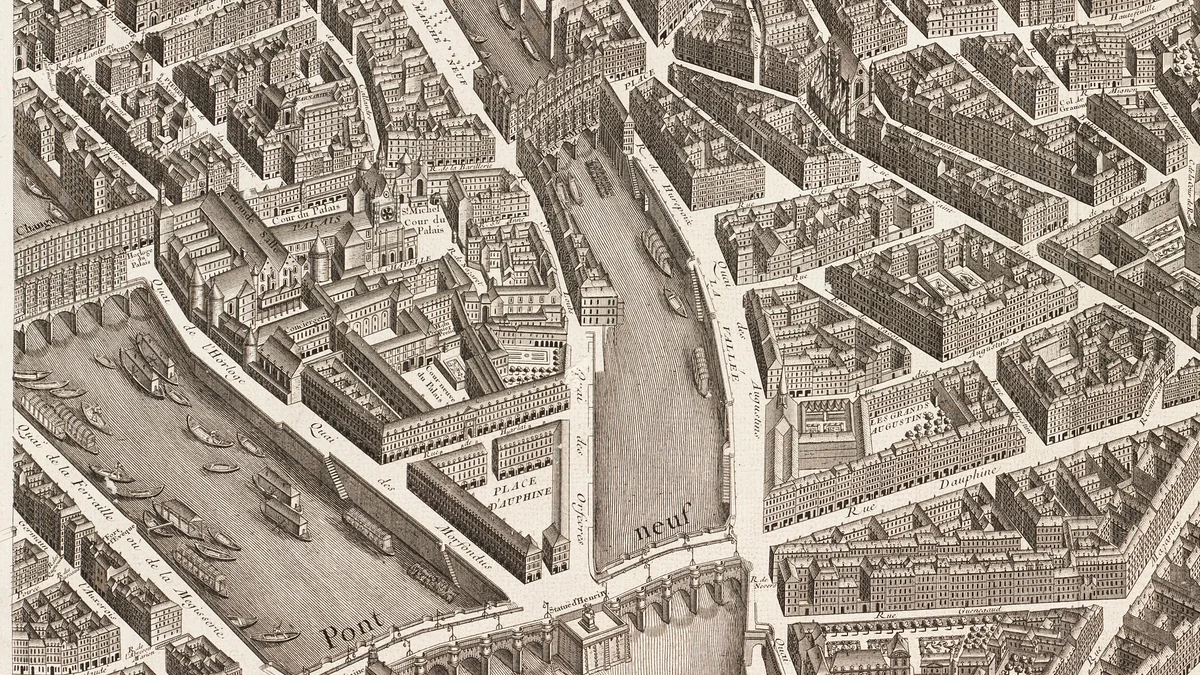 The tip of the île de la Cité, the Palais and the Pont Neuf on the Turgot map, a 1739 engraving in cavalier perspective