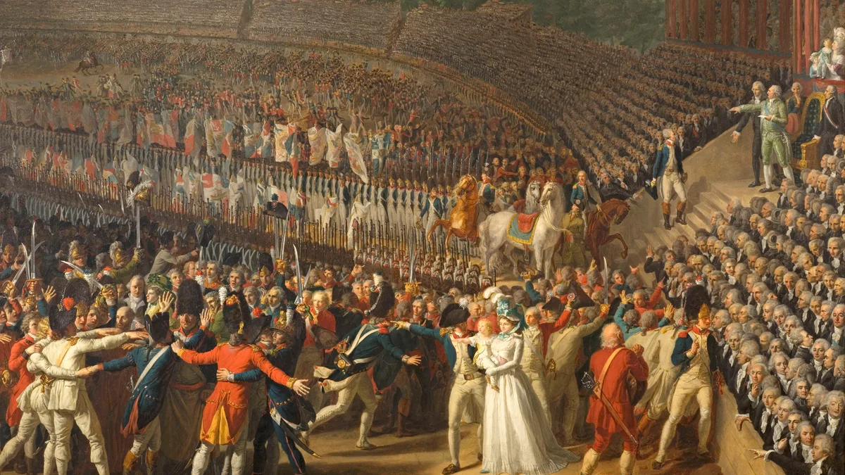 The Fête de la Fédération on the Champ-de-Mars on 14 July 1790, painted by Charles Thévenin: the crowd of fédérés and National Guardsmen, La Fayette on horseback, and the earthen stands packed with people