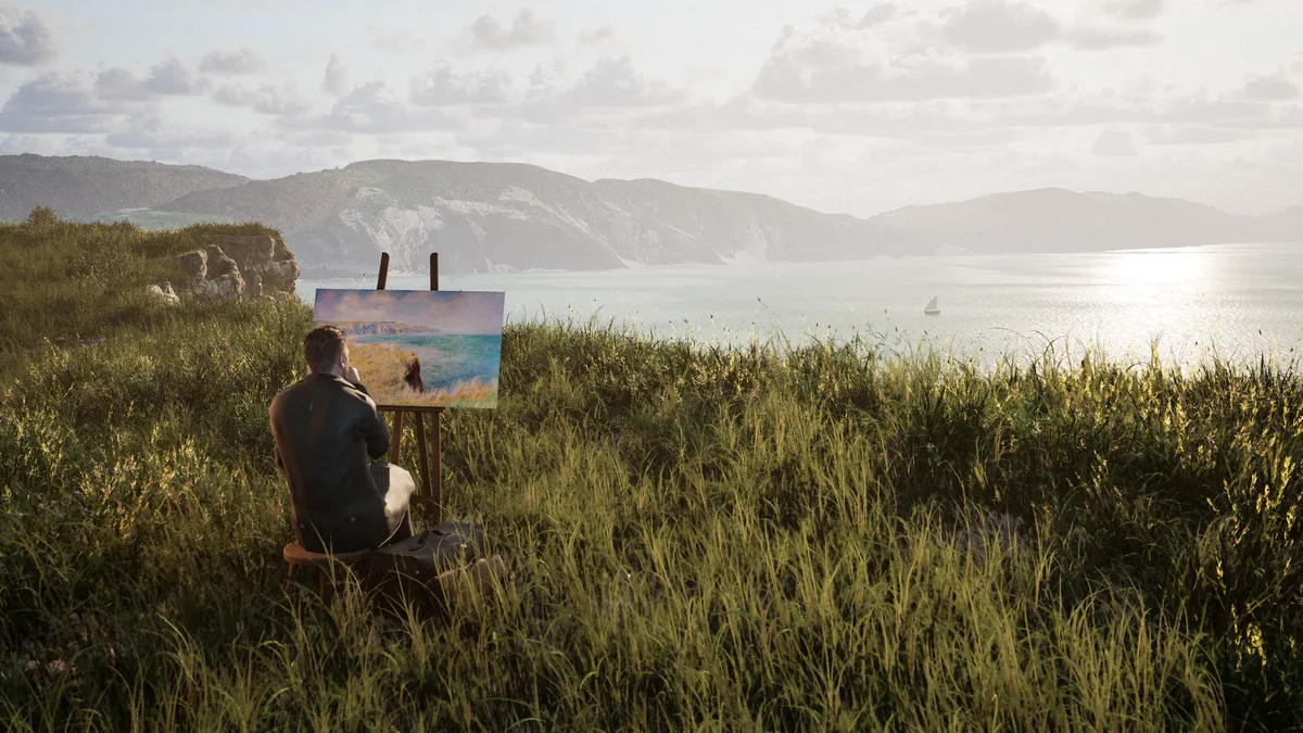 Claude Monet peignant sur le motif au bord des falaises de Pourville, reconstitution en images de synthèse par Timescope