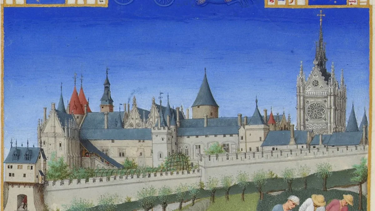 The Palais de la Cité and the Sainte-Chapelle around 1415, from the June page of the Très Riches Heures du duc de Berry