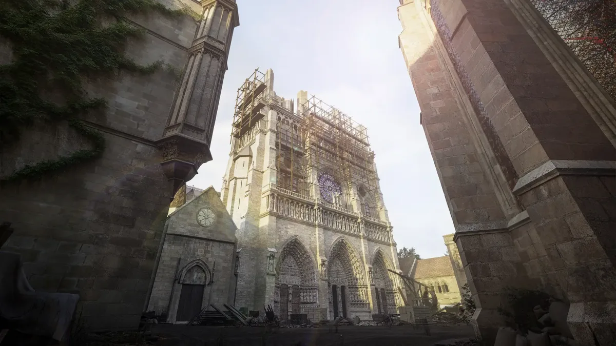 Notre-Dame de Paris in the Middle Ages seen from a lane on the Île de la Cité, Timescope 3D reconstruction