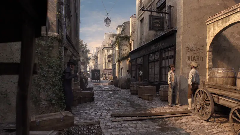 Le quartier de l’Opéra à Paris reconstitué vers 1810, ruelle pavée et passants en réalité virtuelle