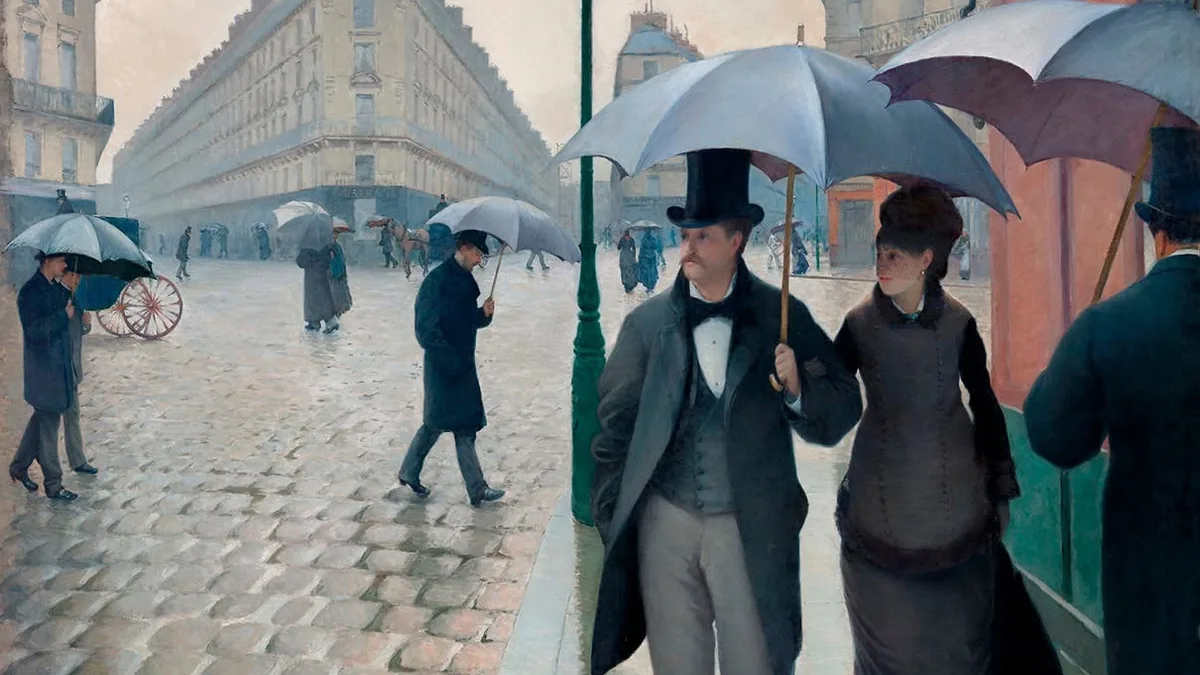 Rue de Paris, temps de pluie, tableau de Gustave Caillebotte (1877) : passants aux parapluies sur les pavés haussmanniens