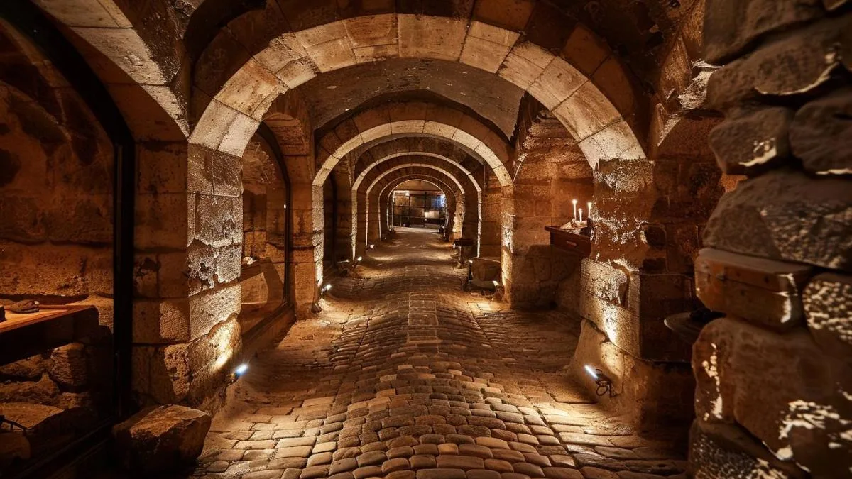 Galerie souterraine voûtée en pierre de taille, sol pavé et lumière chaude, évocation du Paris souterrain