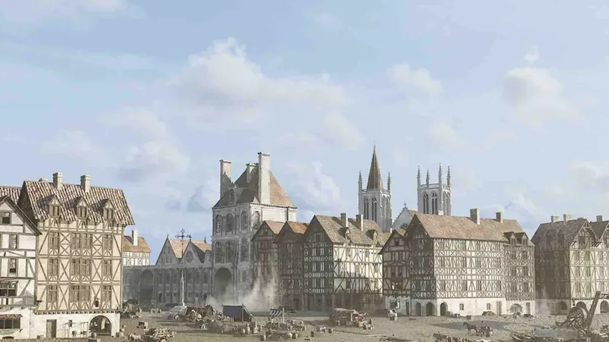 La place de Grève vers 1600 avec l'Hôtel de Ville et les maisons à pans de bois, reconstitution 3D Timescope