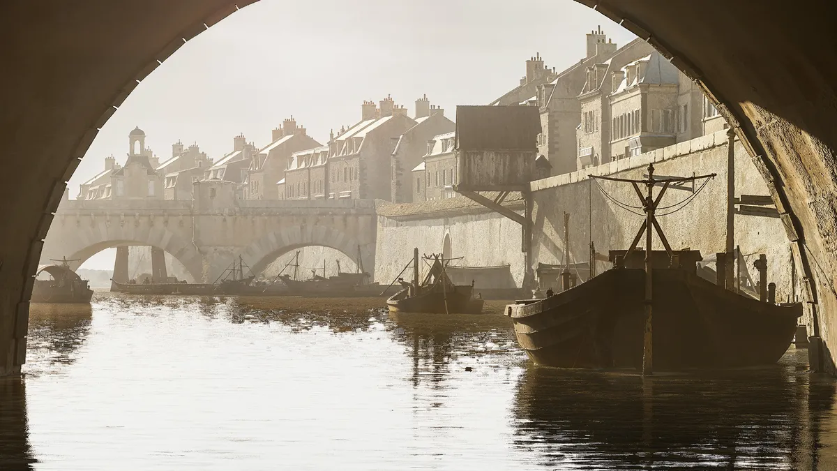 Boats moored on the Seine, seen under an arch of the Pont-Neuf, Timescope 3D reconstruction of old Paris